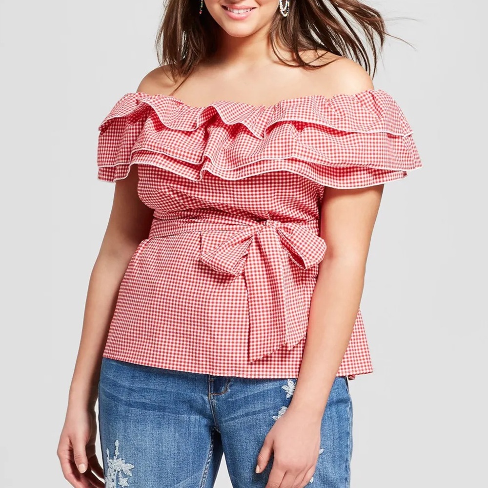 Who What Wear Red and White Ruffled Tie Front Blouse Size Small